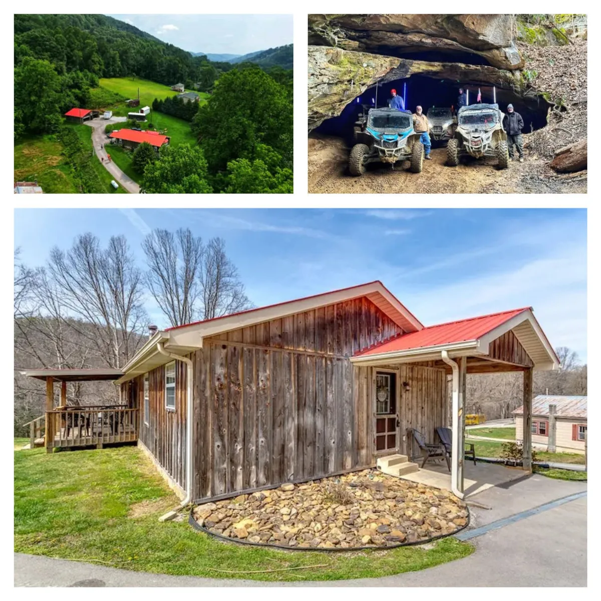 This image captures the wooden house with a striking red metal roof, set amidst a landscaped garden and surrounded by mountains. The broad view hints at immediate access to nature trails and the rugged outdoors, perfectly encapsulating the adventure-focused appeal of the property. The overall mood is friendly and adventurous, matching the section's emphasis on exploration and off-road fun.